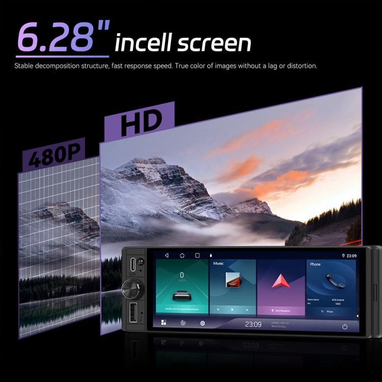 Display universale da 6,28 pollici Single-DIN per console centrale auto con funzioni CarPlay e Android Auto., Standard, with AHD Camera + Microphone