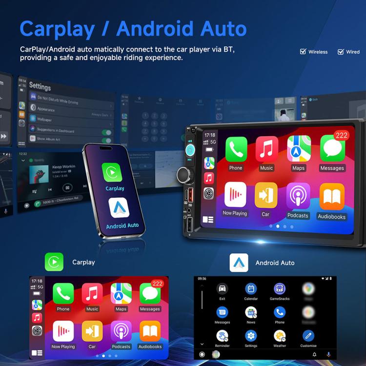 Autoradio universale Dual-DIN da 7 pollici con lettore MP5, display per console centrale, compatibile con CarPlay e Android Auto., Standard, with Reversing Camera + Frame