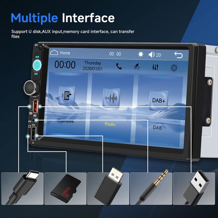 Autoradio universale Dual-DIN da 7 pollici con lettore MP5, display per console centrale, compatibile con CarPlay e Android Auto., Standard, with Reversing Camera + Frame