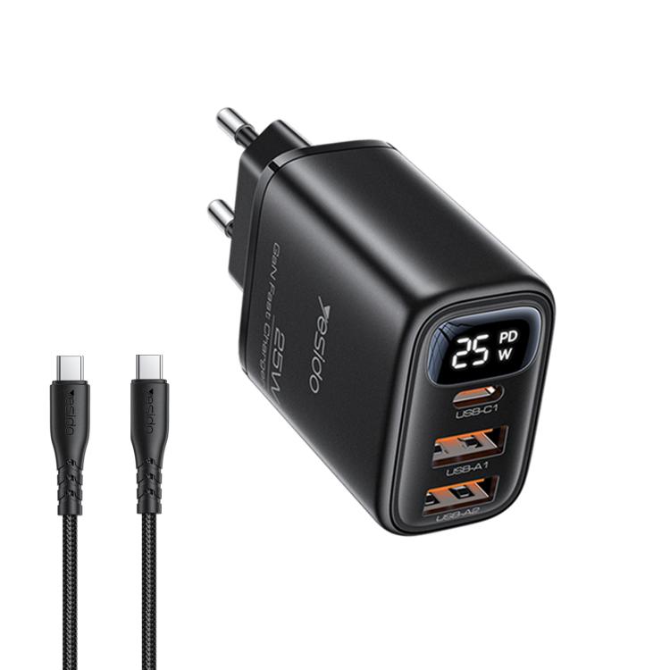 Caricabatterie digitale a tre porte Yesido YC120C da 25 W con cavo da USB-C/Type-C a USB-C/Type-C. Spina: spina europea., YC120C
