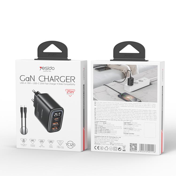 Caricabatterie digitale a tre porte Yesido YC120C da 25 W con cavo da USB-C/Type-C a USB-C/Type-C. Spina: spina europea., YC120C