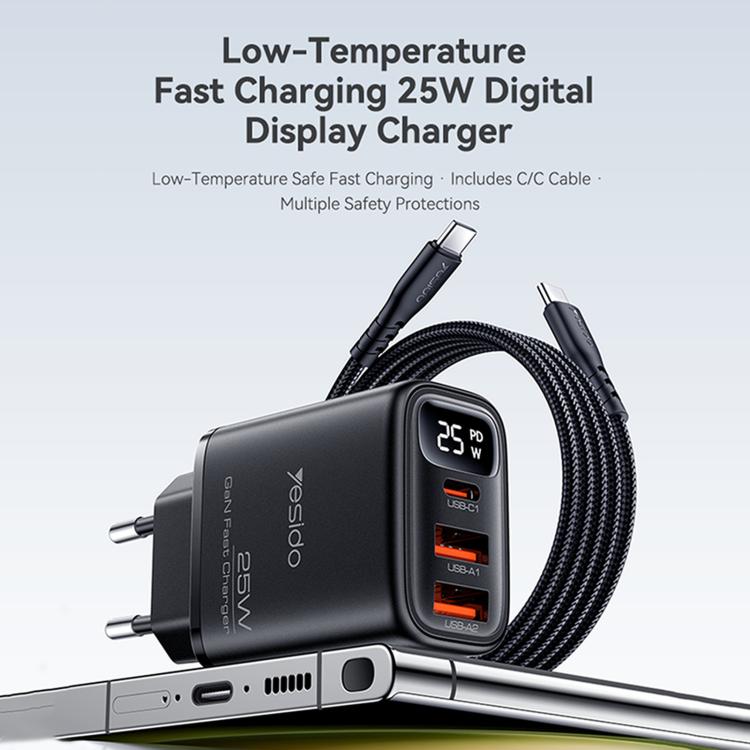 Caricabatterie digitale a tre porte Yesido YC120C da 25 W con cavo da USB-C/Type-C a USB-C/Type-C. Spina: spina europea., YC120C