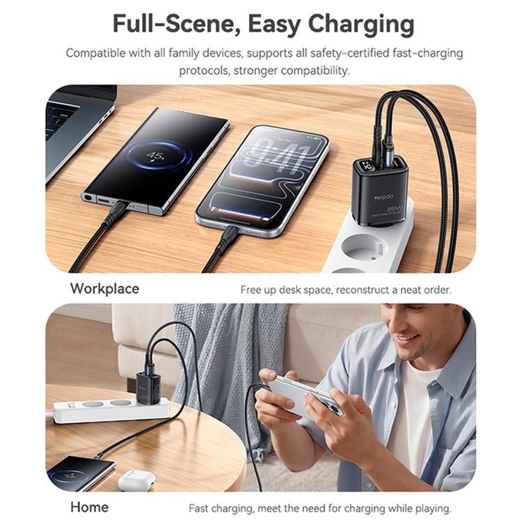 Caricabatterie digitale a tre porte Yesido YC120C da 25 W con cavo da USB-C/Type-C a USB-C/Type-C. Spina: spina europea., YC120C