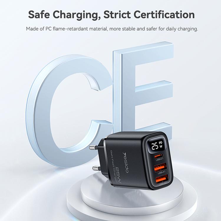 Caricabatterie digitale a tre porte Yesido YC120C da 25 W con cavo da USB-C/Type-C a USB-C/Type-C. Spina: spina europea., YC120C