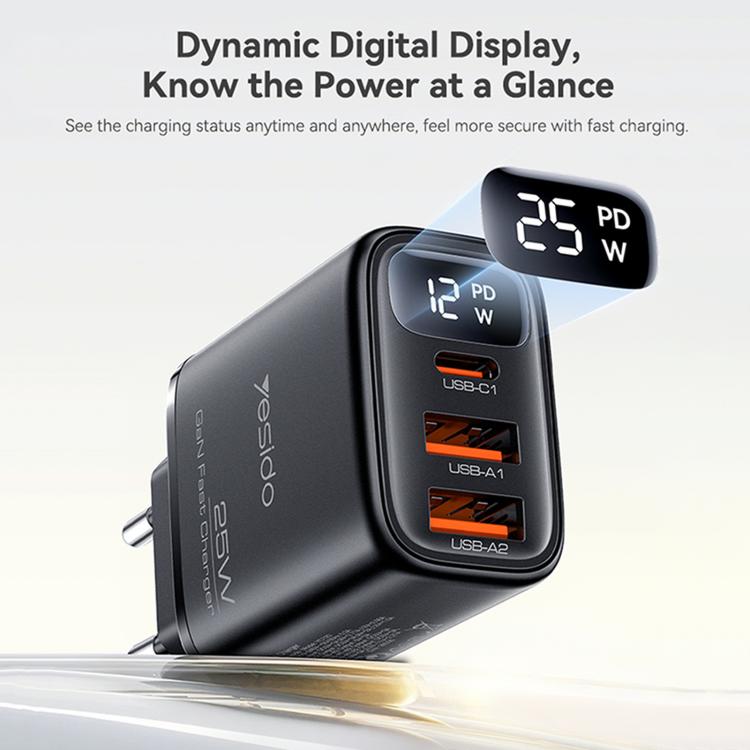 Caricabatterie digitale a tre porte Yesido YC120C da 25 W con cavo da USB-C/Type-C a USB-C/Type-C. Spina: spina europea., YC120C