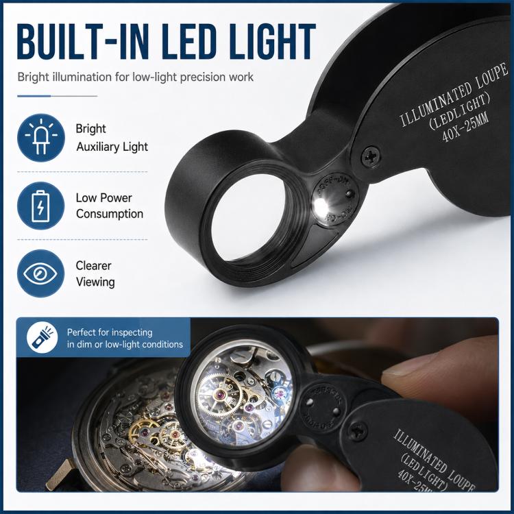 Lente d'ingrandimento portatile pieghevole 40x con luce LED, modello 21011