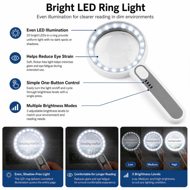 Lente d'ingrandimento portatile multi-ingrandimento con luce LED a sfioramento, 3710C, 5012C, 7518C