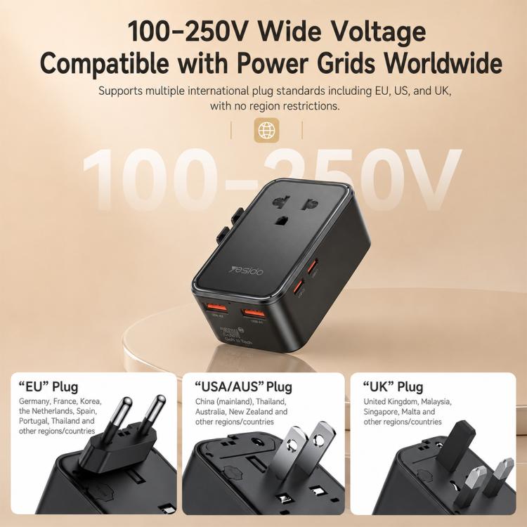 Adattatore da viaggio universale Yesido MC47 con caricabatterie rapido GaN a 4 porte da 25 W e connettore a 4 porte., MC47