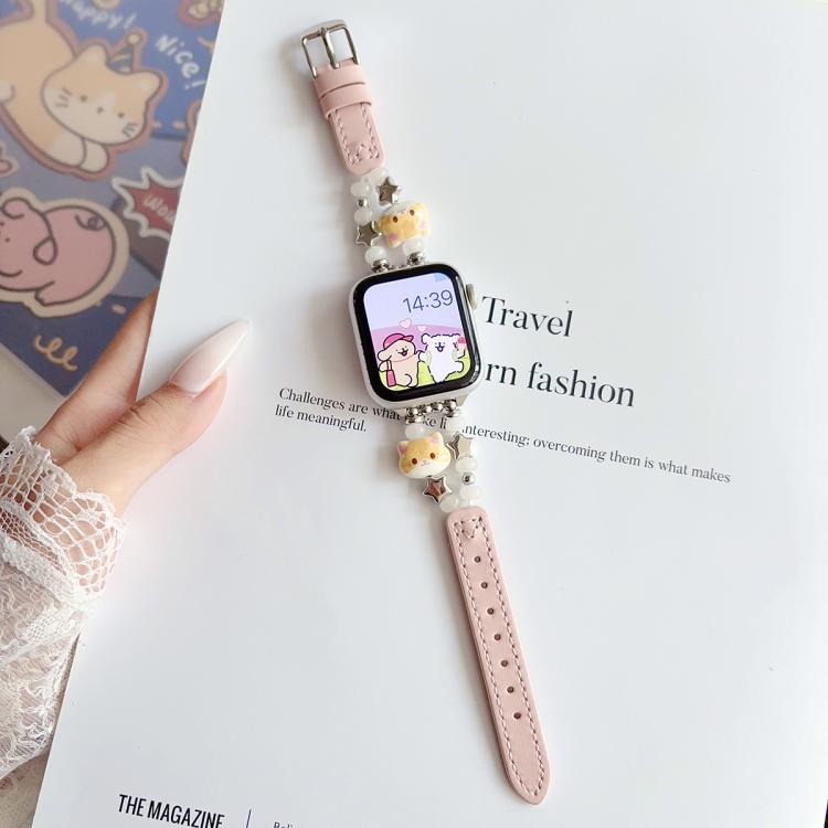 Cinturino per orologio ibrido in ecopelle e pelle vegana con perline di giada a forma di gatto., For Apple Watch 46mm / 49mm / 45mm / 44mm, For Apple Watch 42mm / 41mm / 40mm / 38mm