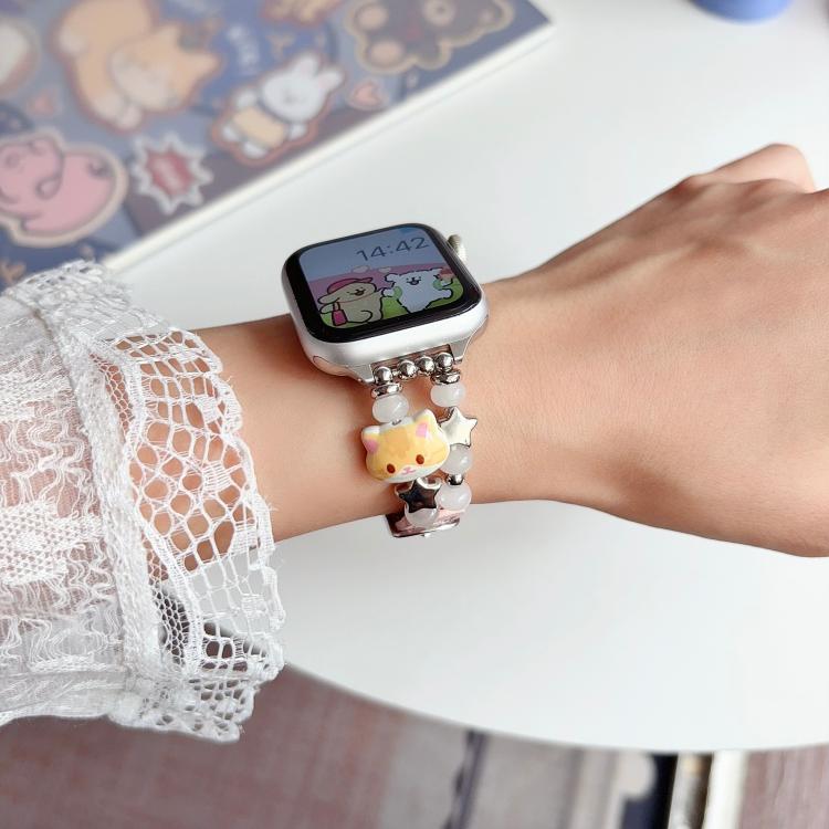Cinturino per orologio ibrido in ecopelle e pelle vegana con perline di giada a forma di gatto., For Apple Watch 46mm / 49mm / 45mm / 44mm, For Apple Watch 42mm / 41mm / 40mm / 38mm