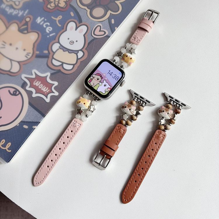Cinturino per orologio ibrido in ecopelle e pelle vegana con perline di giada a forma di gatto., For Apple Watch 46mm / 49mm / 45mm / 44mm, For Apple Watch 42mm / 41mm / 40mm / 38mm