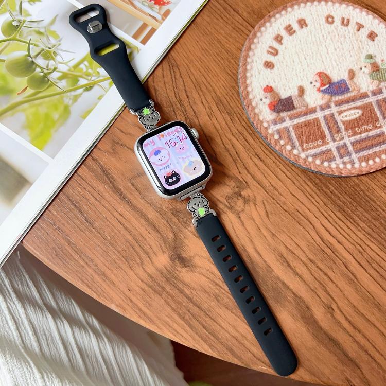 Cinturino per orologio ibrido in metallo e silicone nero con motivo a cartoni animati., For Apple Watch 46mm / 49mm / 45mm / 44mm, For Apple Watch 42mm / 41mm / 40mm / 38mm