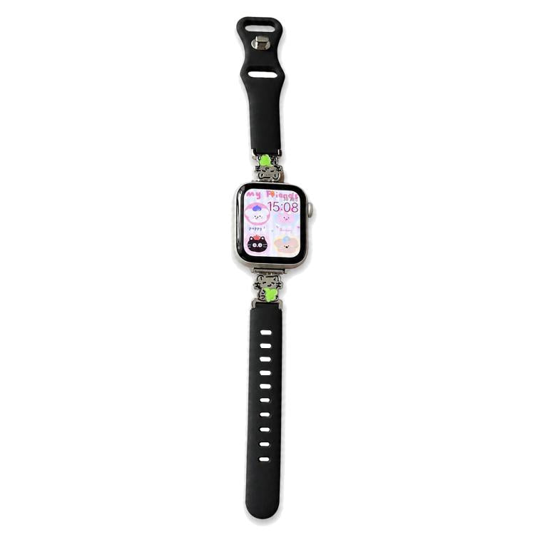 Cinturino per orologio ibrido in metallo e silicone nero con motivo a cartoni animati., For Apple Watch 46mm / 49mm / 45mm / 44mm, For Apple Watch 42mm / 41mm / 40mm / 38mm