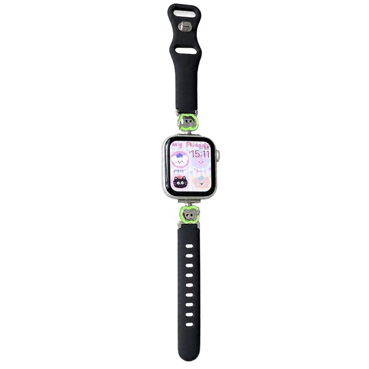 Cinturino per orologio ibrido in metallo e silicone nero con motivo a cartoni animati., For Apple Watch 46mm / 49mm / 45mm / 44mm, For Apple Watch 42mm / 41mm / 40mm / 38mm
