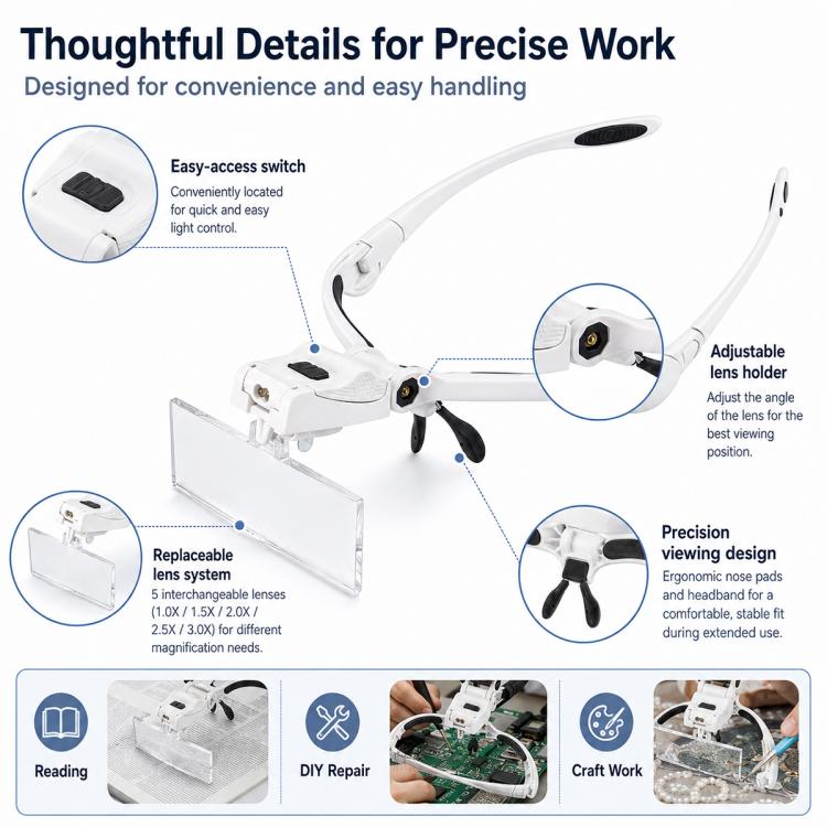 Lente d'ingrandimento con archetto e lenti intercambiabili, modello 9892BP, con luce LED, dotata di luce LED., 9892BP