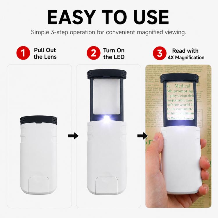 94535 Lente d'ingrandimento rettangolare pieghevole e estraibile portatile con luce LED