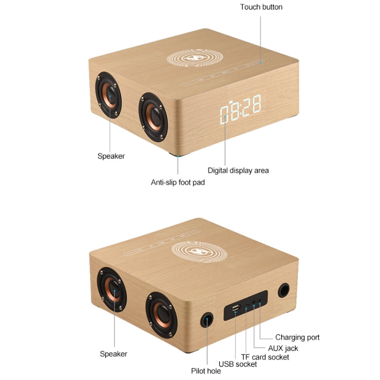 Q5A Multifunzionale Touch Clock Display in legno Altoparlante Bluetooth con ricarica wireless, supporto TF Card e disco U e AUX da 3,5 mm, Q5A