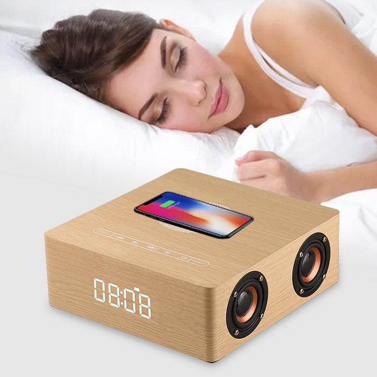 Q5A Multifunzionale Touch Clock Display in legno Altoparlante Bluetooth con ricarica wireless, supporto TF Card e disco U e AUX da 3,5 mm, Q5A