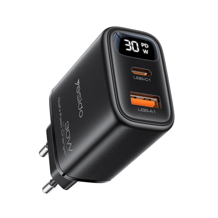 Caricabatterie rapido Yesido da 30 W GaN con USB/Type-C e display digitale., EU Plug, UK Plug