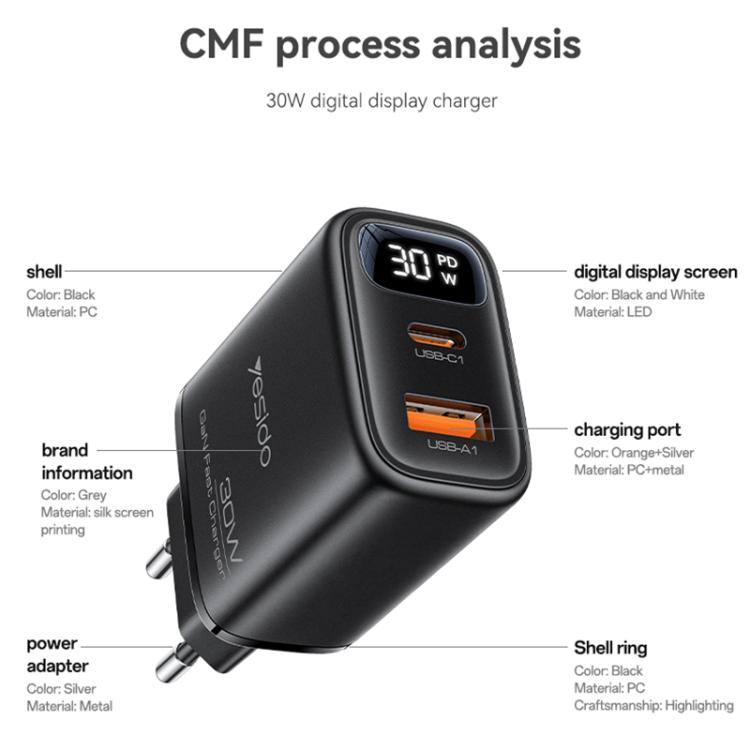 Caricabatterie rapido Yesido 30 W GaN con USB-A e Type-C e display digitale