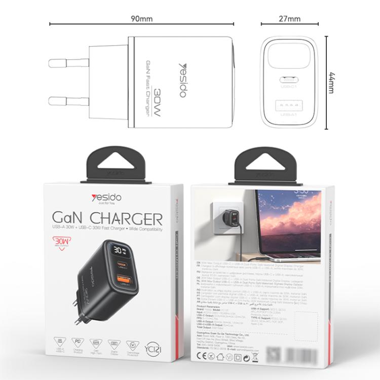 Caricabatterie rapido Yesido 30 W GaN con USB-A e Type-C e display digitale