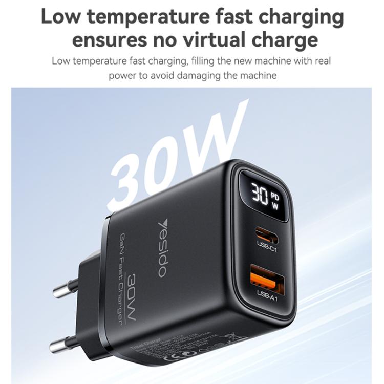Caricabatterie rapido Yesido 30 W GaN con USB-A e Type-C e display digitale