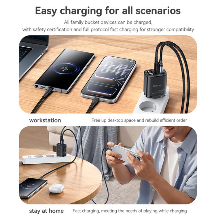 Caricabatterie rapido Yesido 30 W GaN con USB-A e Type-C e display digitale