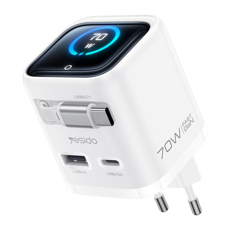 Caricabatterie rapido Yesido da 70 W con display TFT GaN e cavo Type-C retrattile., EU Plug, UK Plug, US Plug