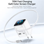 Caricabatterie rapido Yesido da 70 W con display TFT GaN e cavo Type-C retrattile., EU Plug, UK Plug, US Plug