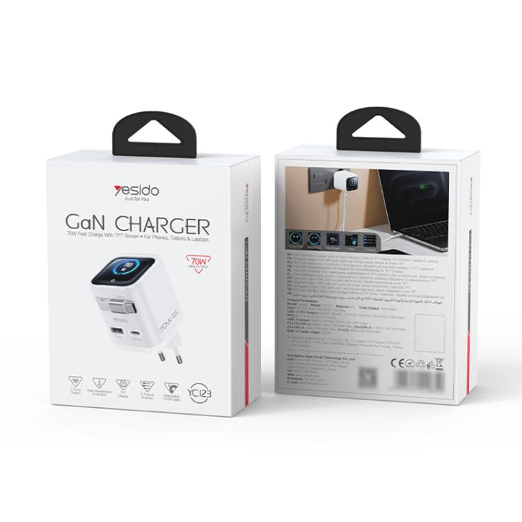 Caricabatterie rapido Yesido da 70 W con display TFT GaN e cavo Type-C retrattile., EU Plug, UK Plug, US Plug