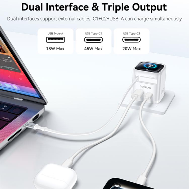 Caricabatterie rapido Yesido da 70 W con display TFT GaN e cavo Type-C retrattile., EU Plug, UK Plug, US Plug