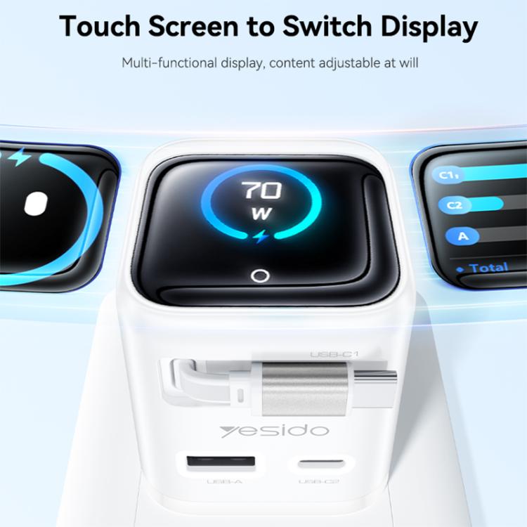 Caricabatterie rapido Yesido da 70 W con display TFT GaN e cavo Type-C retrattile., EU Plug, UK Plug, US Plug