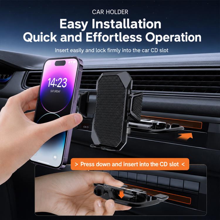 Supporto per telefono con clip girevole per auto, slot CD e blocco automatico, con scomparto per CD.
