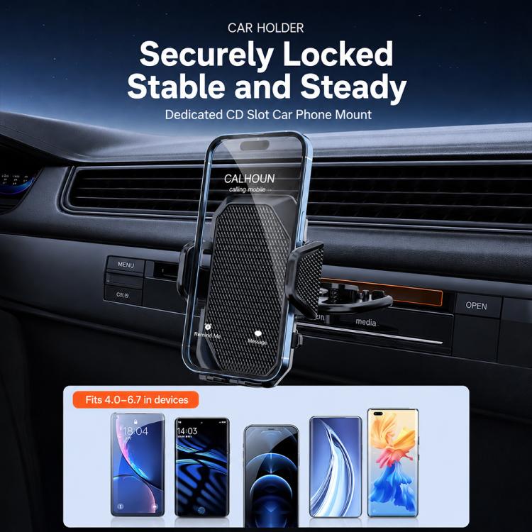 Supporto per telefono con clip girevole per auto, slot CD e blocco automatico, con scomparto per CD.