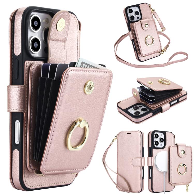 Portafoglio a soffietto con anello, custodia magnetica RFID per telefono con tracolla e cinturino da polso, For iPhone 16 Pro Max, For iPhone 16 Pro