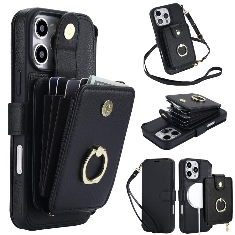 Portafoglio a soffietto con anello, custodia magnetica RFID per telefono con tracolla e cinturino da polso, For iPhone 16 Pro Max, For iPhone 16 Pro