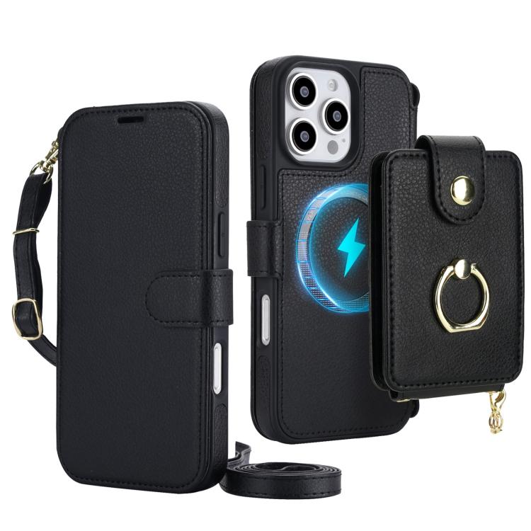 Portafoglio a soffietto con anello, custodia magnetica RFID per telefono con tracolla e cinturino da polso, For iPhone 16 Pro Max, For iPhone 16 Pro