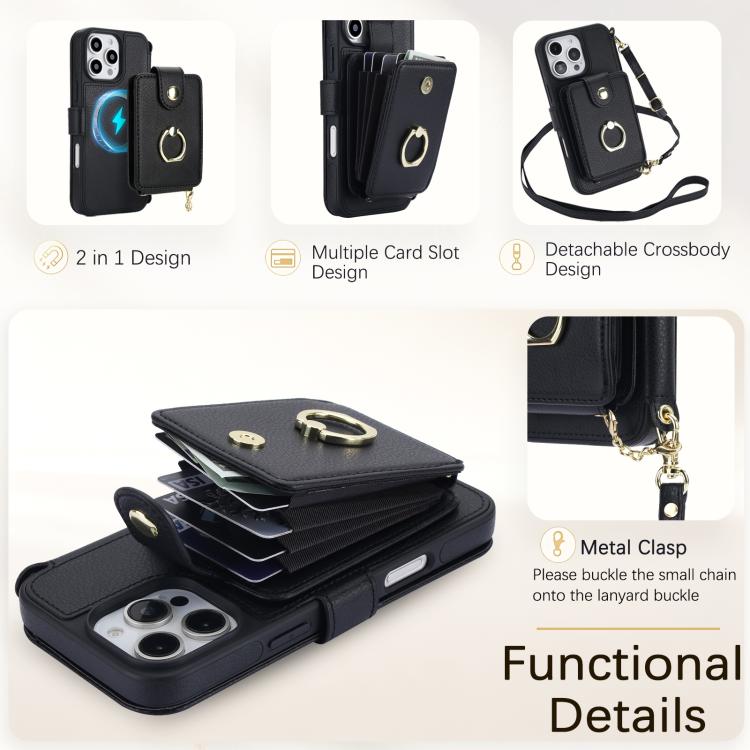 Portafoglio a soffietto con anello, custodia magnetica RFID per telefono con tracolla e cinturino da polso, For iPhone 16 Pro Max, For iPhone 16 Pro