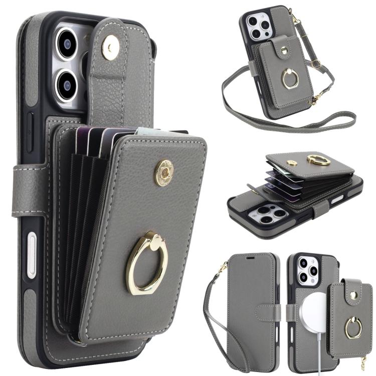 Portafoglio a soffietto con anello, custodia magnetica RFID per telefono con tracolla e cinturino da polso, For iPhone 16 Pro Max, For iPhone 16 Pro