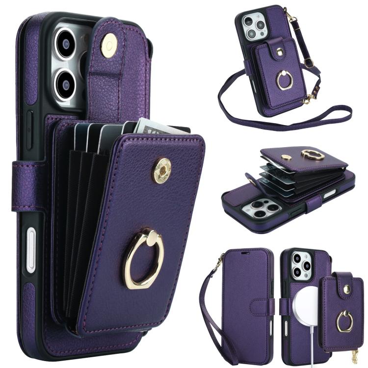 Portafoglio a soffietto con anello, custodia magnetica RFID per telefono con tracolla e cinturino da polso, For iPhone 16 Pro Max, For iPhone 16 Pro