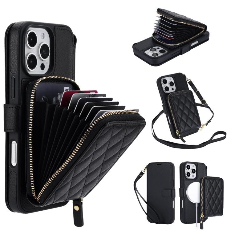 Portafoglio a soffietto con cerniera romboidale, custodia magnetica RFID per telefono con tracolla e cinturino da polso, For iPhone 16 Pro Max, For iPhone 16 Pro