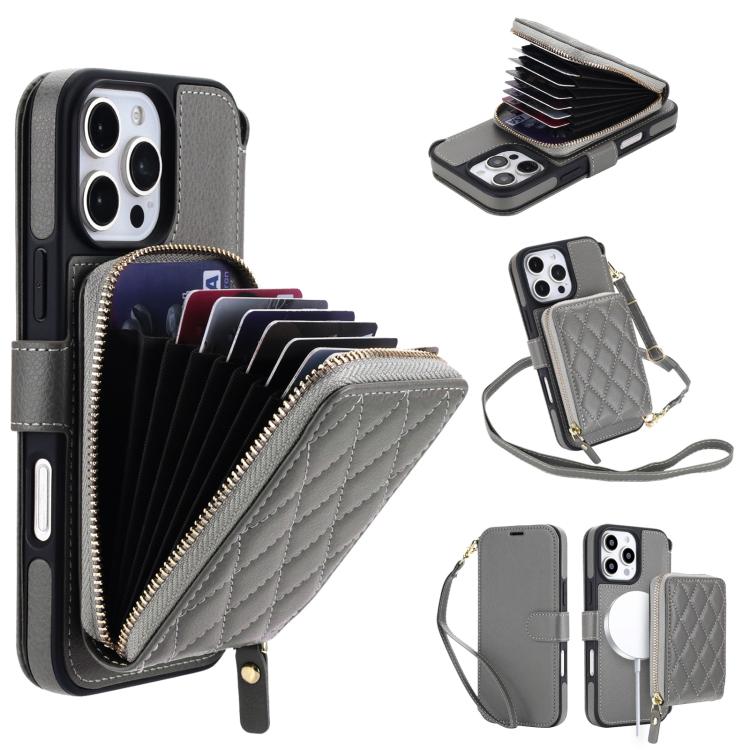Portafoglio a soffietto con cerniera romboidale, custodia magnetica RFID per telefono con tracolla e cinturino da polso, For iPhone 16 Pro Max, For iPhone 16 Pro