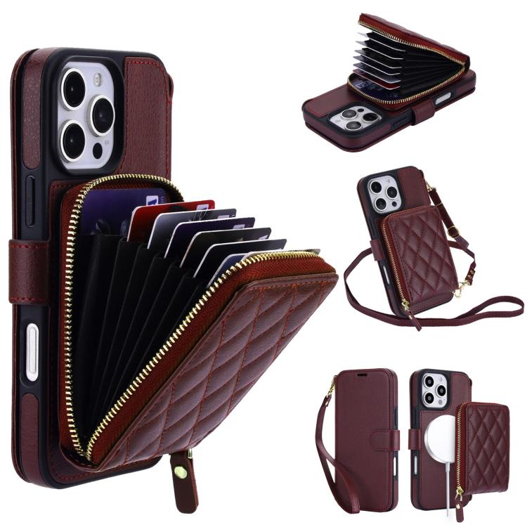 Portafoglio a soffietto con cerniera romboidale, custodia magnetica RFID per telefono con tracolla e cinturino da polso, For iPhone 16 Pro Max, For iPhone 16 Pro