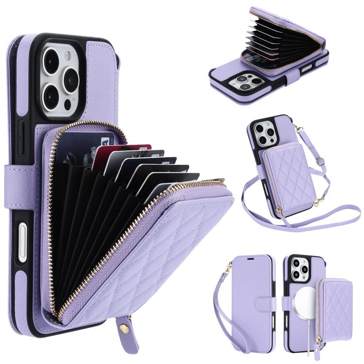Portafoglio a soffietto con cerniera romboidale, custodia magnetica RFID per telefono con tracolla e cinturino da polso, For iPhone 16 Pro Max, For iPhone 16 Pro