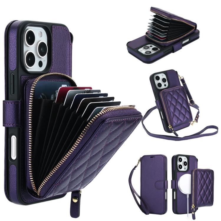 Portafoglio a soffietto con cerniera romboidale, custodia magnetica RFID per telefono con tracolla e cinturino da polso, For iPhone 16 Pro Max, For iPhone 16 Pro