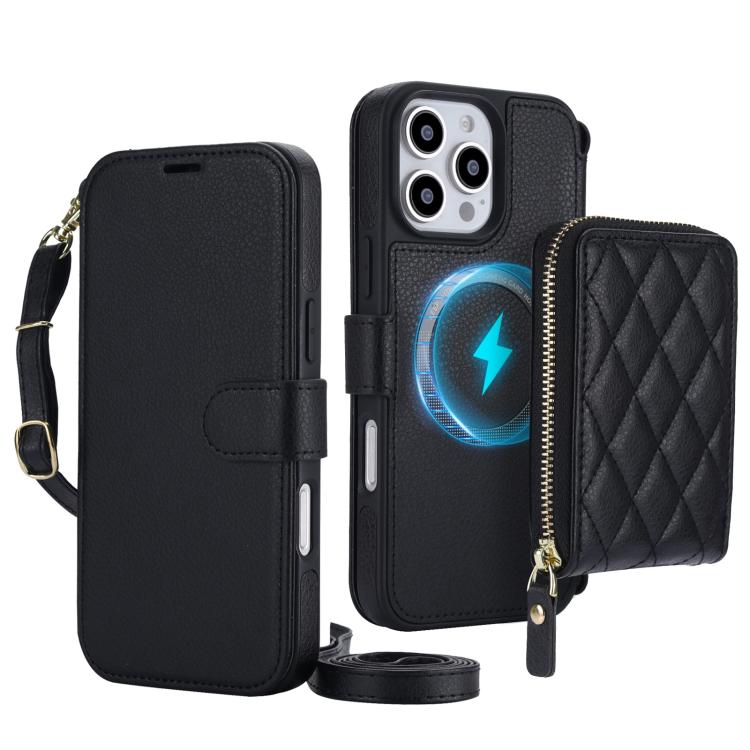 Portafoglio a soffietto con cerniera romboidale, custodia magnetica RFID per telefono con tracolla e cinturino da polso, For iPhone 16 Pro Max, For iPhone 16 Pro