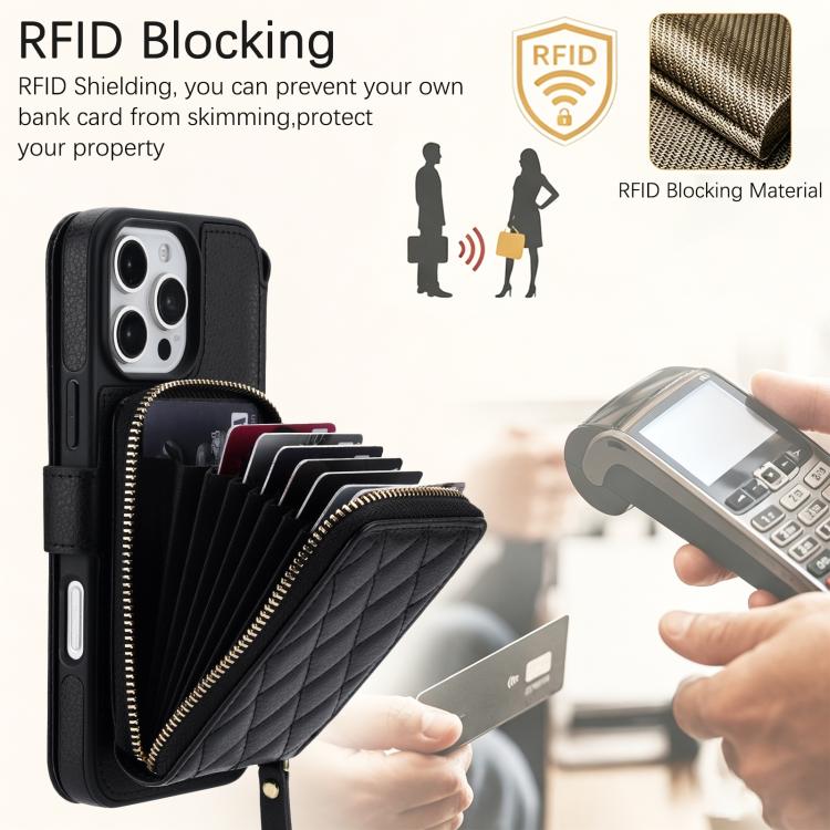 Portafoglio a soffietto con cerniera romboidale, custodia magnetica RFID per telefono con tracolla e cinturino da polso, For iPhone 16 Pro Max, For iPhone 16 Pro