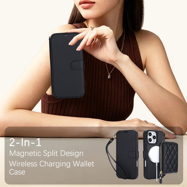 Portafoglio a soffietto con cerniera romboidale, custodia magnetica RFID per telefono con tracolla e cinturino da polso, For iPhone 16 Pro Max, For iPhone 16 Pro