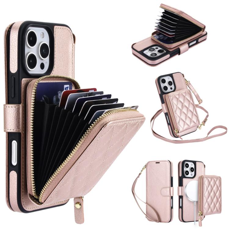 Portafoglio a soffietto con cerniera romboidale, custodia magnetica RFID per telefono con tracolla e cinturino da polso, For iPhone 16 Pro Max, For iPhone 16 Pro