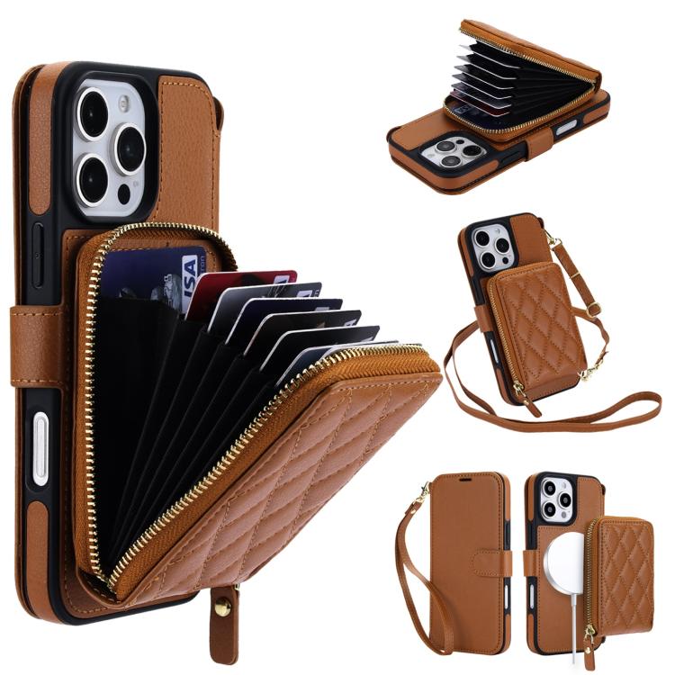 Portafoglio a soffietto con cerniera romboidale, custodia magnetica RFID per telefono con tracolla e cinturino da polso, For iPhone 16 Pro Max, For iPhone 16 Pro
